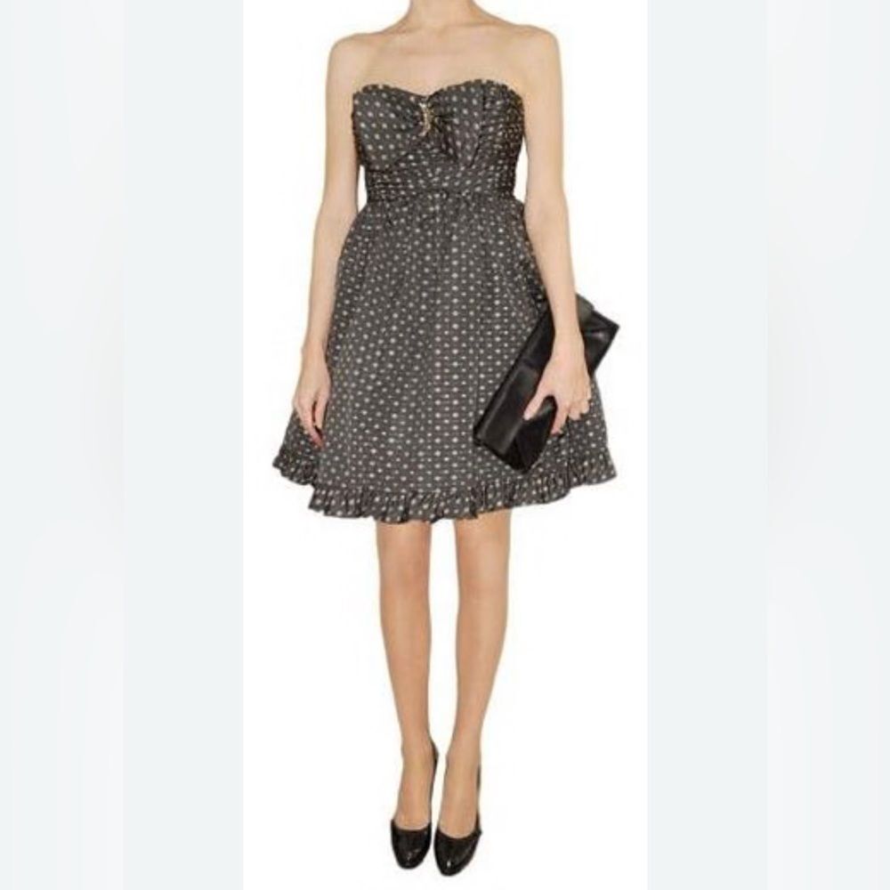 Nanette Lepore Strapless Dress with Blue Gray and Tan Pattern with Crystals